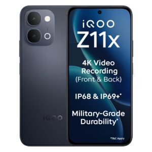 iQOO Z11x 5G (Titan Black, 8GB RAM, 256 GB Storage) | Dimensity 7400-Turbo Processor | 7200 mAh Battery | 4K Video Recording Front & Back | IP68 & IP69+ | Powered by OriginOS 6